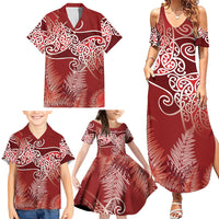 Aotearoa Maori Koru Curves Family Matching Summer Maxi Dress and Hawaiian Shirt Silver Ferns - Crimson Red
