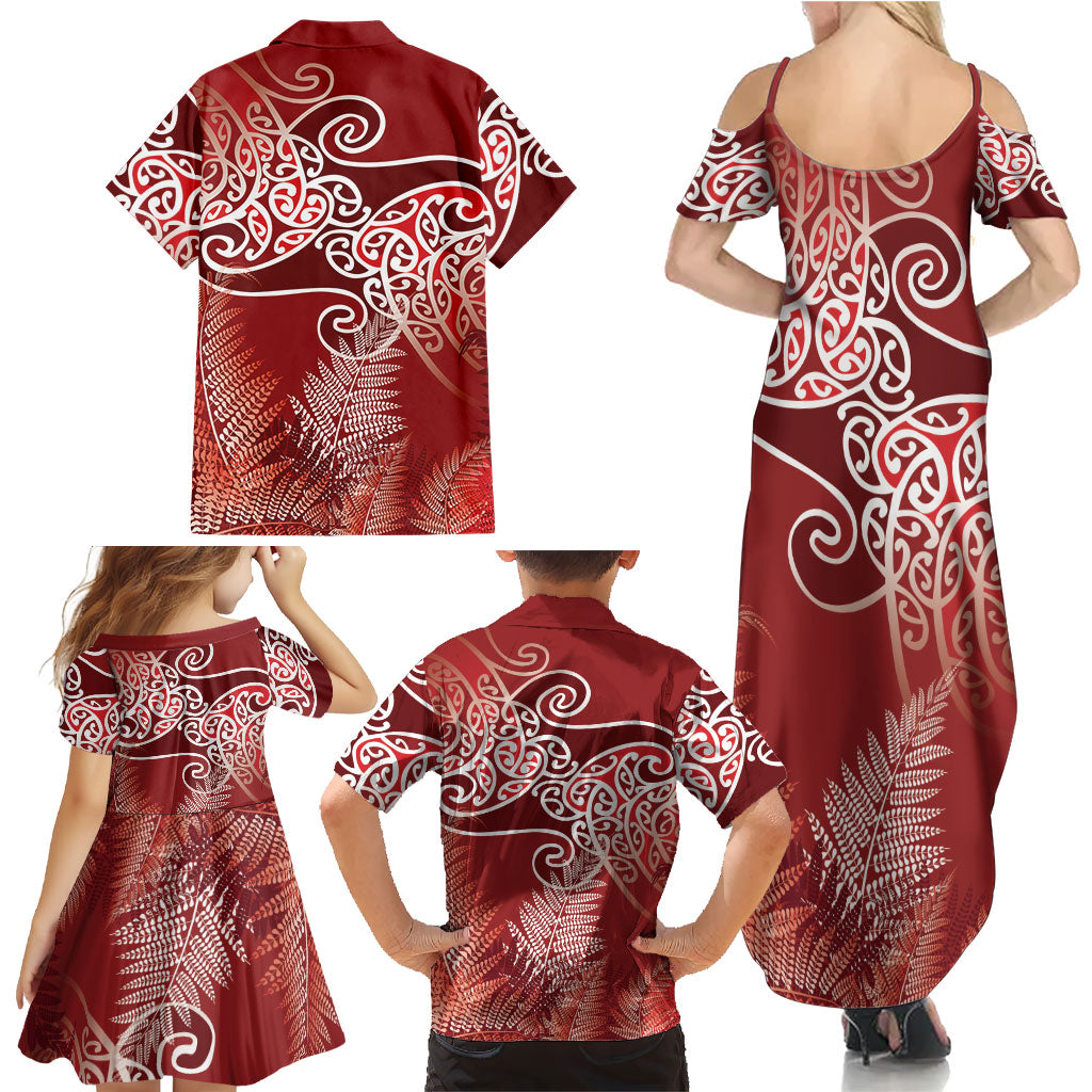Aotearoa Maori Koru Curves Family Matching Summer Maxi Dress and Hawaiian Shirt Silver Ferns - Crimson Red