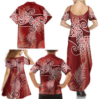 Aotearoa Maori Koru Curves Family Matching Summer Maxi Dress and Hawaiian Shirt Silver Ferns - Crimson Red
