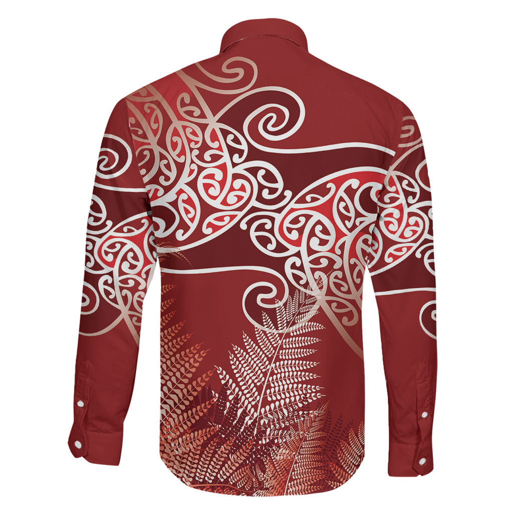 Aotearoa Maori Koru Curves Family Matching Summer Maxi Dress and Hawaiian Shirt Silver Ferns - Crimson Red