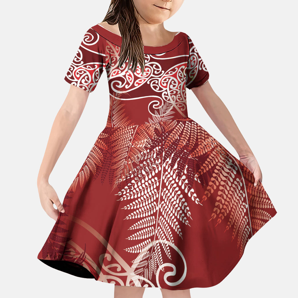 Aotearoa Maori Koru Curves Family Matching Tank Maxi Dress and Hawaiian Shirt Silver Ferns - Crimson Red