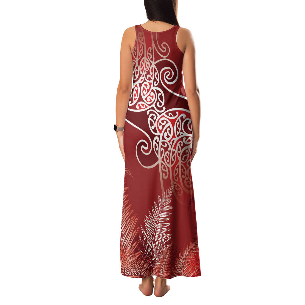 Aotearoa Maori Koru Curves Family Matching Tank Maxi Dress and Hawaiian Shirt Silver Ferns - Crimson Red