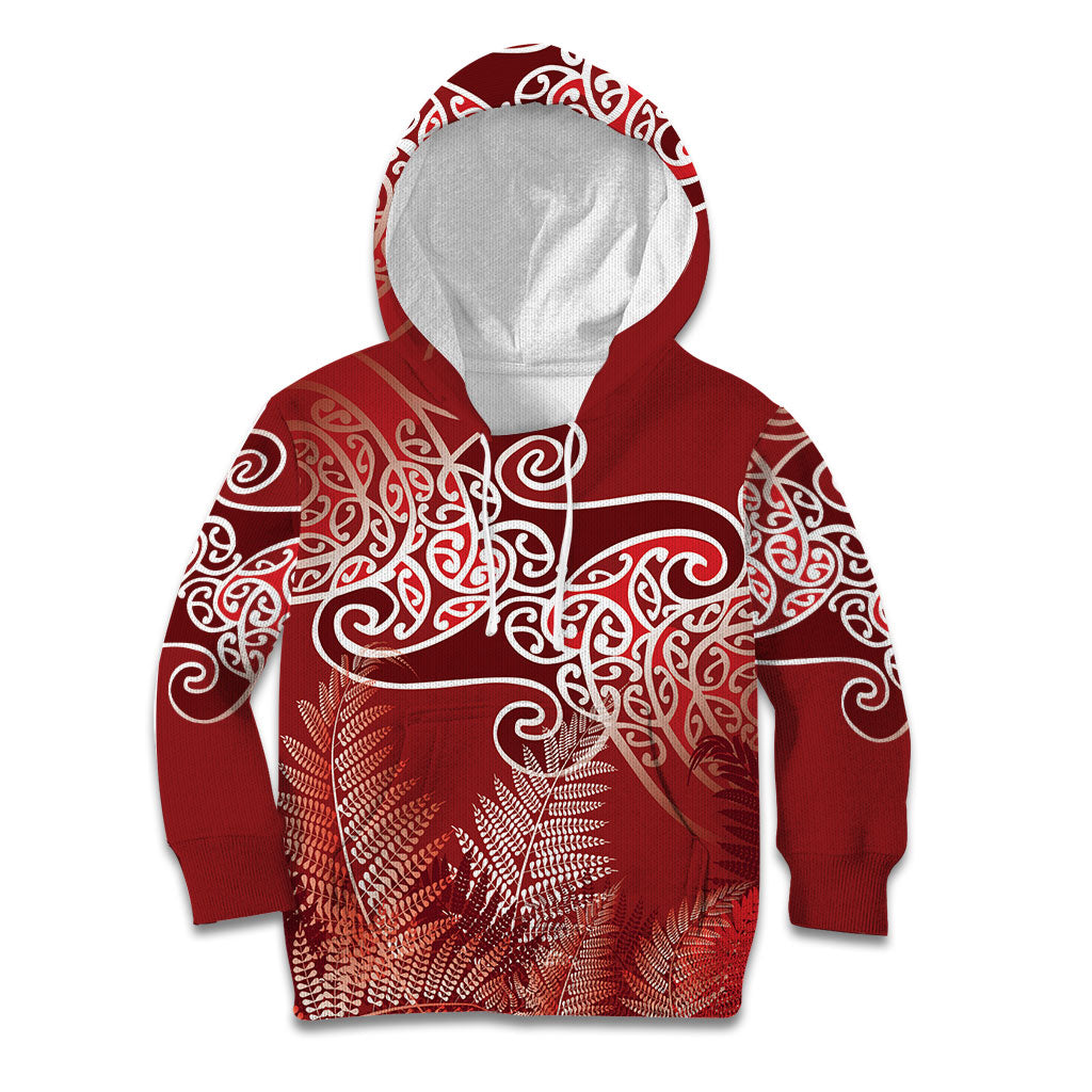 Aotearoa Maori Koru Curves Kid Hoodie Silver Ferns - Crimson Red LT7 Hoodie Red - Polynesian Pride