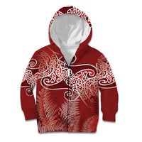 Aotearoa Maori Koru Curves Kid Hoodie Silver Ferns - Crimson Red LT7 Zip Hoodie Red - Polynesian Pride