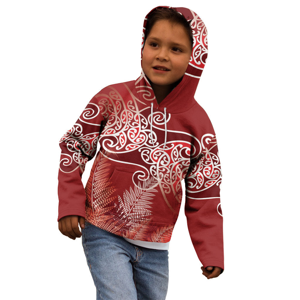 Aotearoa Maori Koru Curves Kid Hoodie Silver Ferns - Crimson Red LT7 - Polynesian Pride