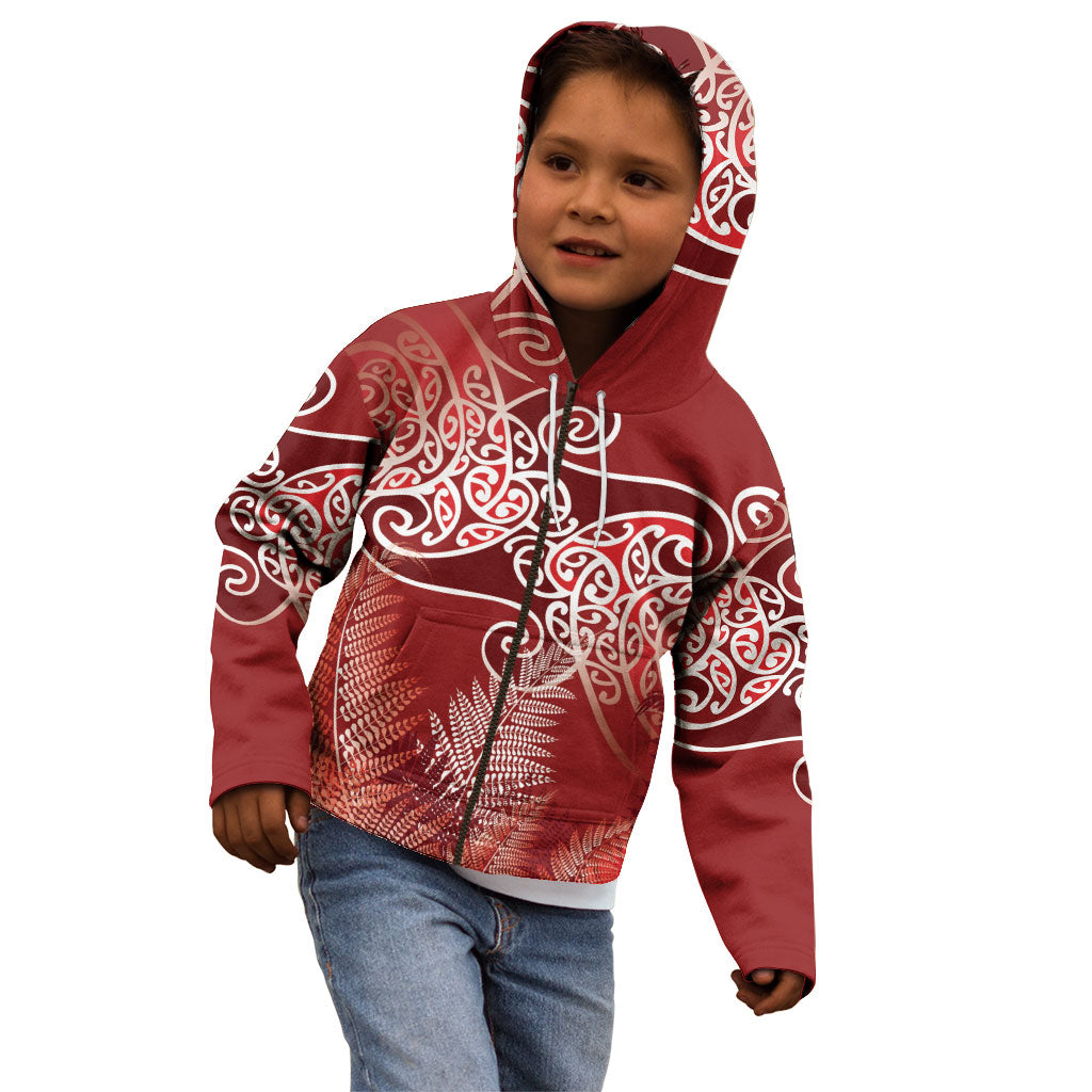 Aotearoa Maori Koru Curves Kid Hoodie Silver Ferns - Crimson Red LT7 - Polynesian Pride