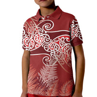 Aotearoa Maori Koru Curves Kid Polo Shirt Silver Ferns - Crimson Red