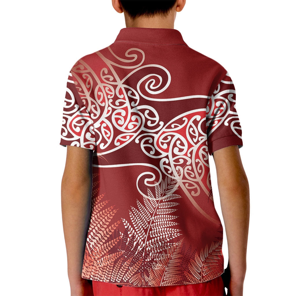 Aotearoa Maori Koru Curves Kid Polo Shirt Silver Ferns - Crimson Red