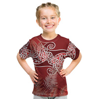 Aotearoa Maori Koru Curves Kid T Shirt Silver Ferns - Crimson Red LT7 Red - Polynesian Pride