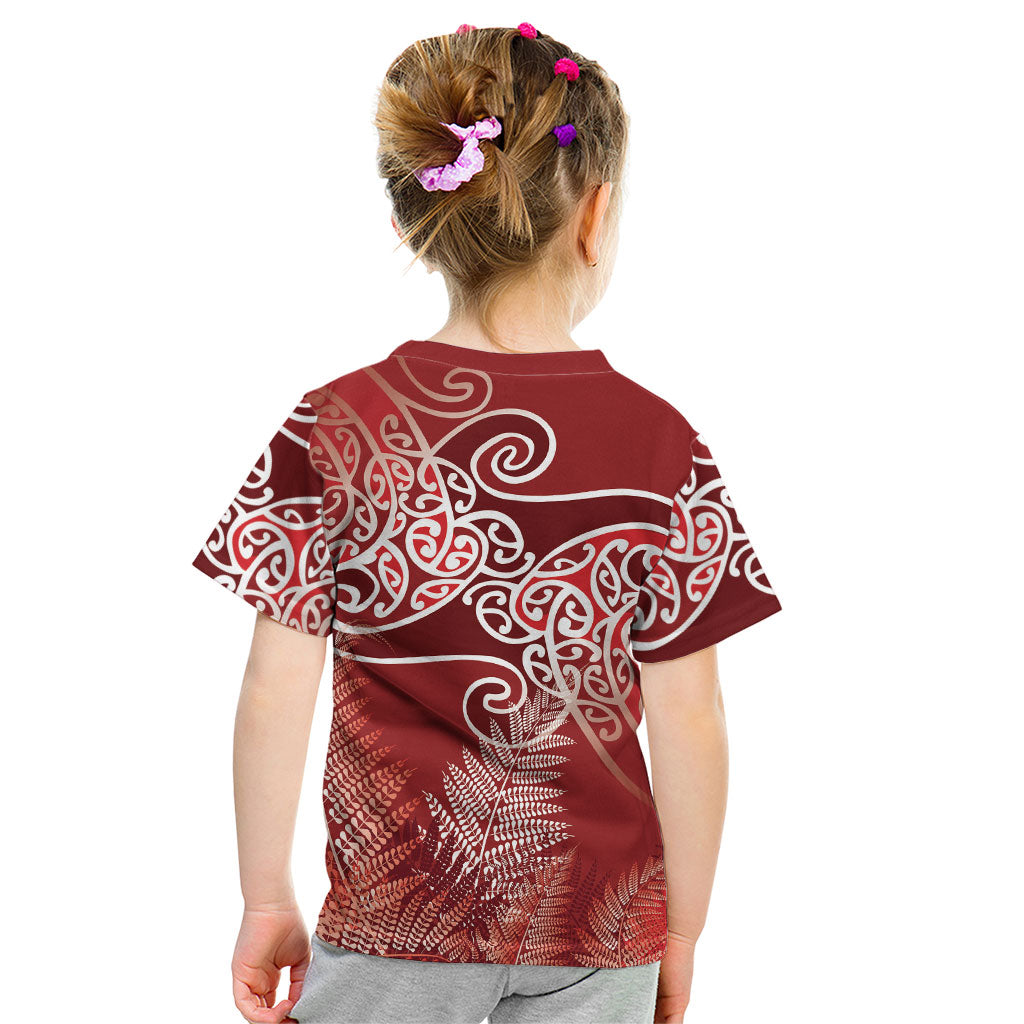 Aotearoa Maori Koru Curves Kid T Shirt Silver Ferns - Crimson Red LT7 - Polynesian Pride