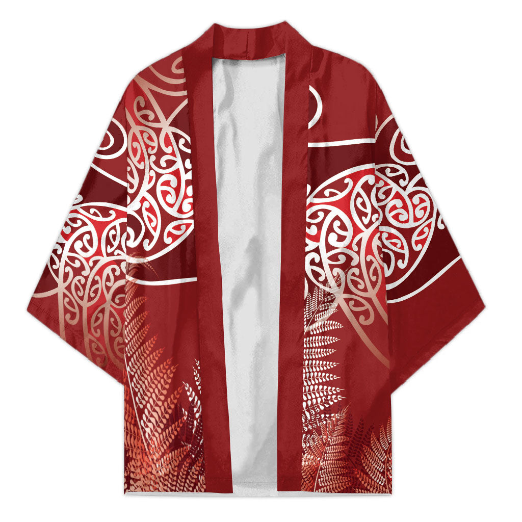 Aotearoa Maori Koru Curves Kimono Silver Ferns - Crimson Red