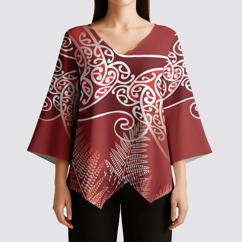 Aotearoa Maori Koru Curves Kimono Sleeve Blouse Silver Ferns - Crimson Red