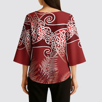 Aotearoa Maori Koru Curves Kimono Sleeve Blouse Silver Ferns - Crimson Red