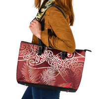 Aotearoa Maori Koru Curves Leather Tote Bag Silver Ferns - Crimson Red
