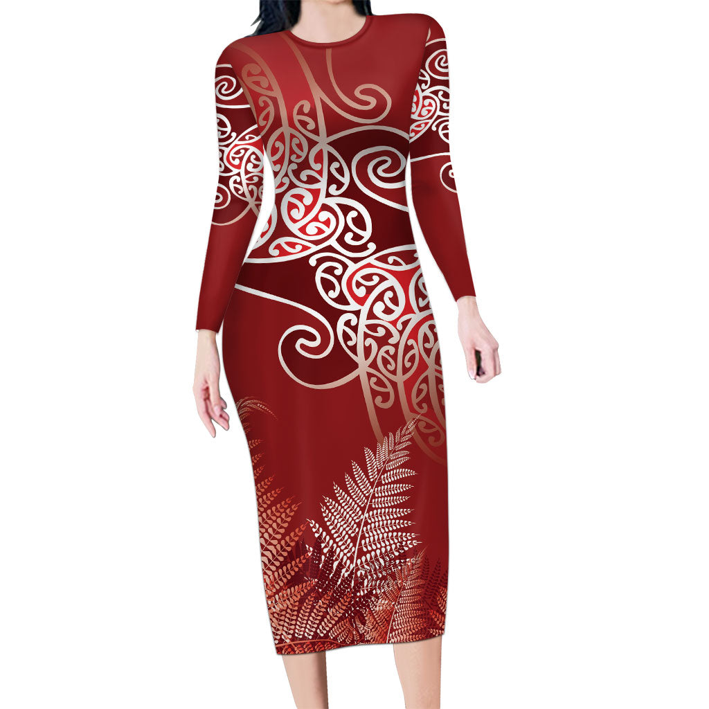 Aotearoa Maori Koru Curves Long Sleeve Bodycon Dress Silver Ferns - Crimson Red