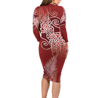 Aotearoa Maori Koru Curves Long Sleeve Bodycon Dress Silver Ferns - Crimson Red