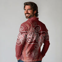 Aotearoa Maori Koru Curves Long Sleeve Polo Shirt Silver Ferns - Crimson Red