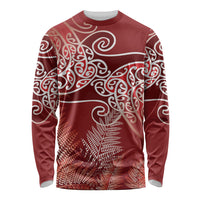 Aotearoa Maori Koru Curves Long Sleeve Shirt Silver Ferns - Crimson Red LT7 Unisex Red - Polynesian Pride