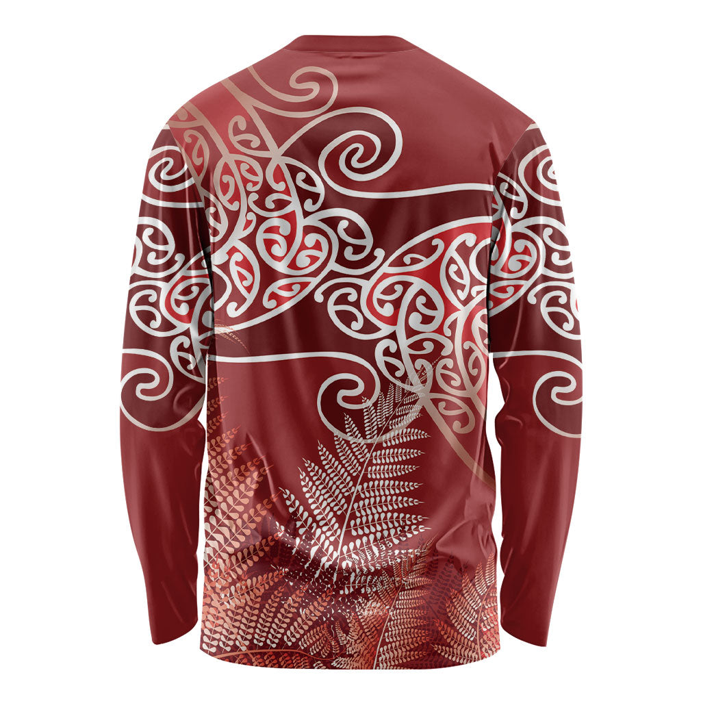 Aotearoa Maori Koru Curves Long Sleeve Shirt Silver Ferns - Crimson Red LT7 - Polynesian Pride