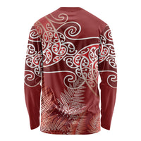 Aotearoa Maori Koru Curves Long Sleeve Shirt Silver Ferns - Crimson Red LT7 - Polynesian Pride