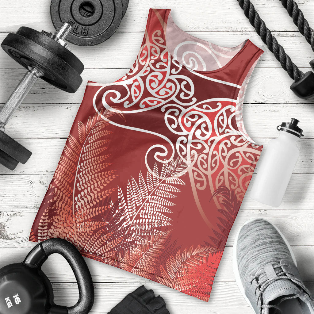 Aotearoa Maori Koru Curves Men Tank Top Silver Ferns - Crimson Red
