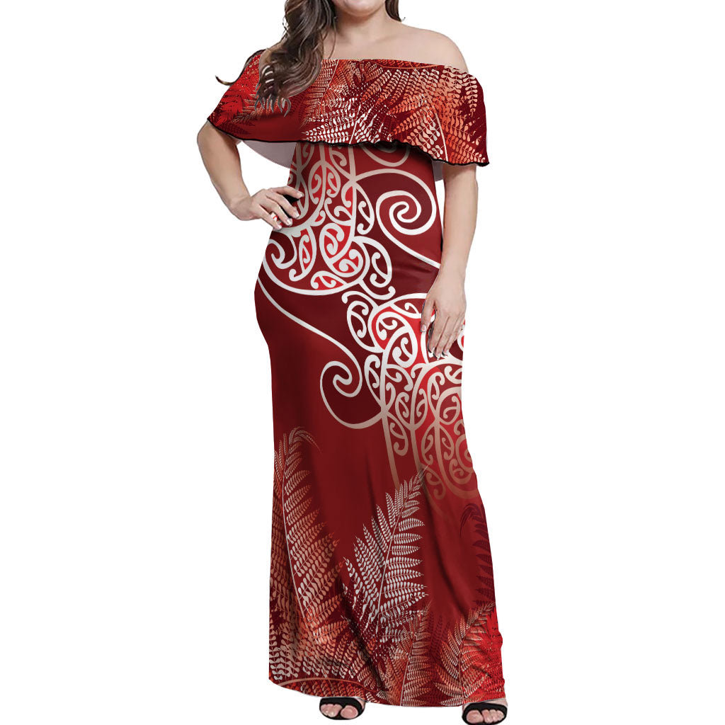 Aotearoa Maori Koru Curves Off Shoulder Maxi Dress Silver Ferns - Crimson Red LT7 Women Red - Polynesian Pride