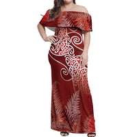 Aotearoa Maori Koru Curves Off Shoulder Maxi Dress Silver Ferns - Crimson Red LT7 Women Red - Polynesian Pride