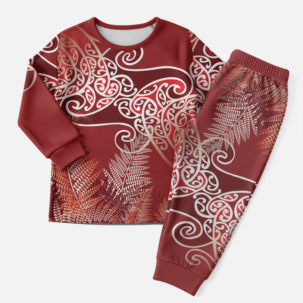 Aotearoa Maori Koru Curves Christmas Pajama Set Silver Ferns - Crimson Red LT7 Men Red - Polynesian Pride