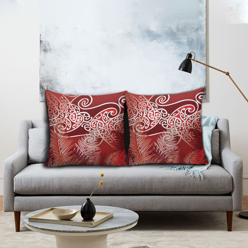 Aotearoa Maori Koru Curves Pillow Cover Silver Ferns - Crimson Red