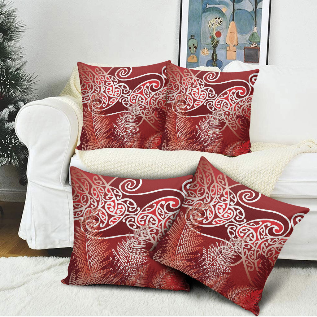 Aotearoa Maori Koru Curves Pillow Cover Silver Ferns - Crimson Red