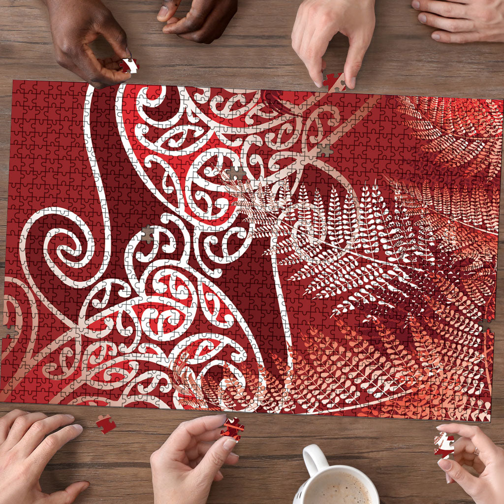 Aotearoa Maori Koru Curves Puzzle Silver Ferns - Crimson Red