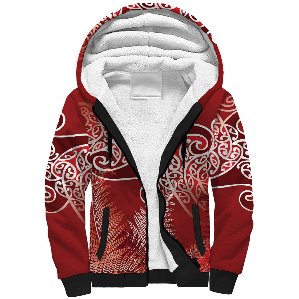 Aotearoa Maori Koru Curves Sherpa Hoodie Silver Ferns - Crimson Red