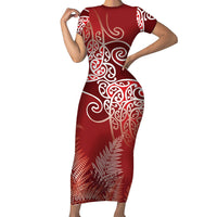 Aotearoa Maori Koru Curves Short Sleeve Bodycon Dress Silver Ferns - Crimson Red