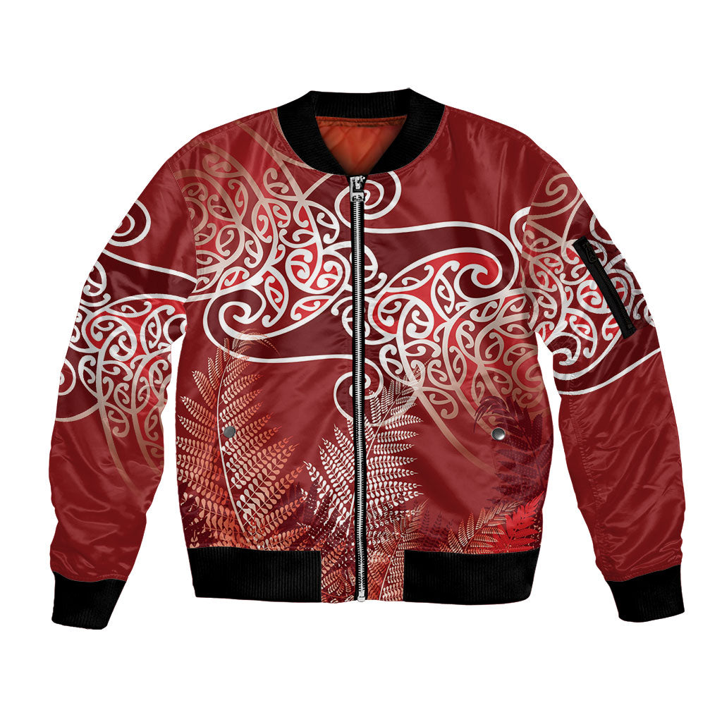 Aotearoa Maori Koru Curves Sleeve Zip Bomber Jacket Silver Ferns - Crimson Red