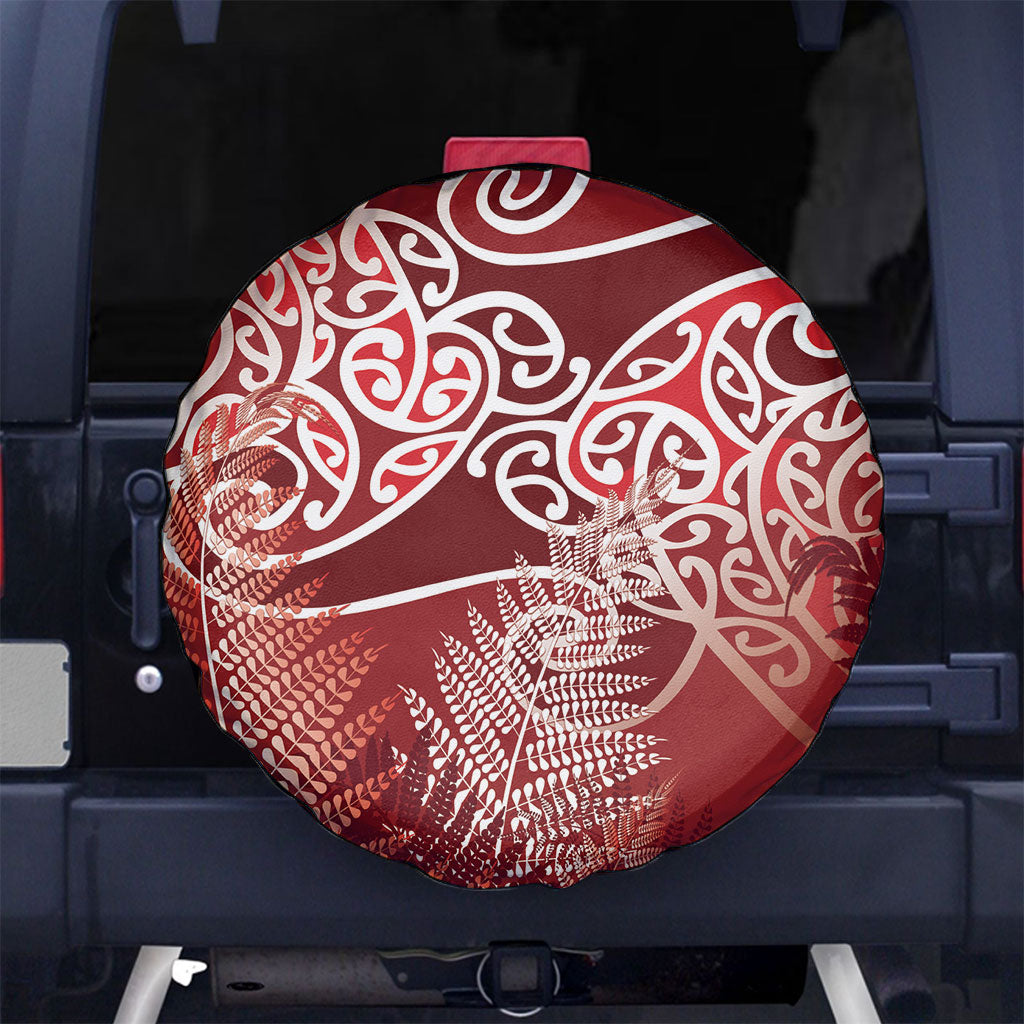 Aotearoa Maori Koru Curves Spare Tire Cover Silver Ferns - Crimson Red