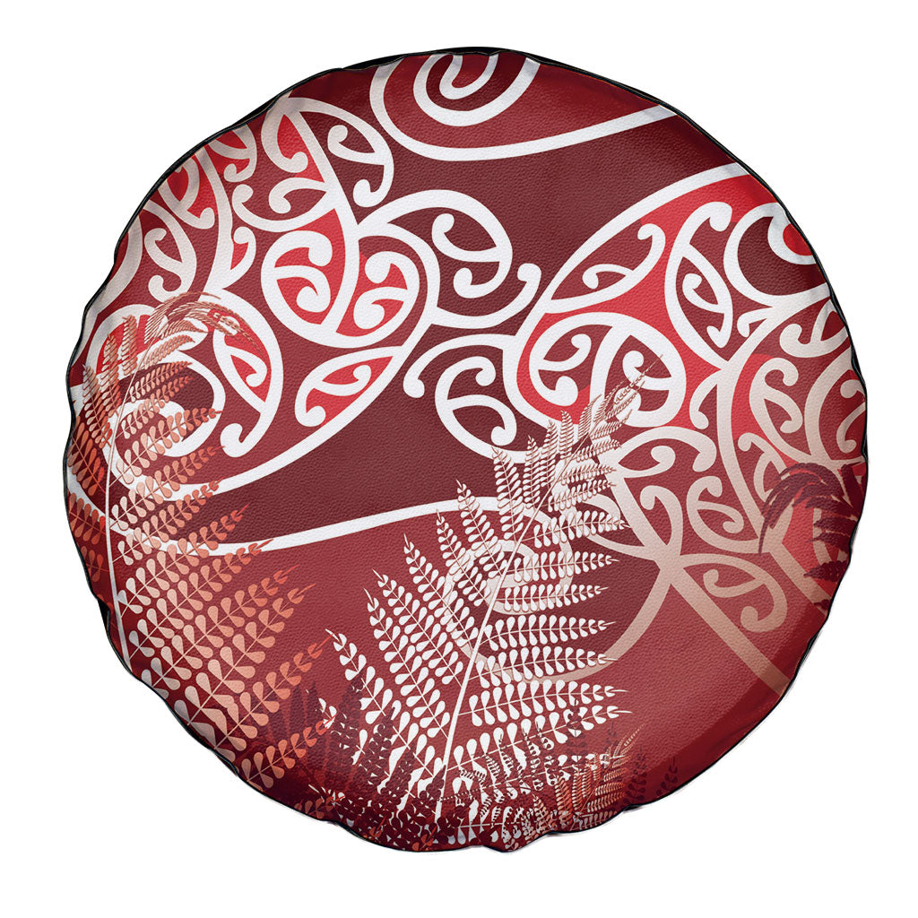 Aotearoa Maori Koru Curves Spare Tire Cover Silver Ferns - Crimson Red