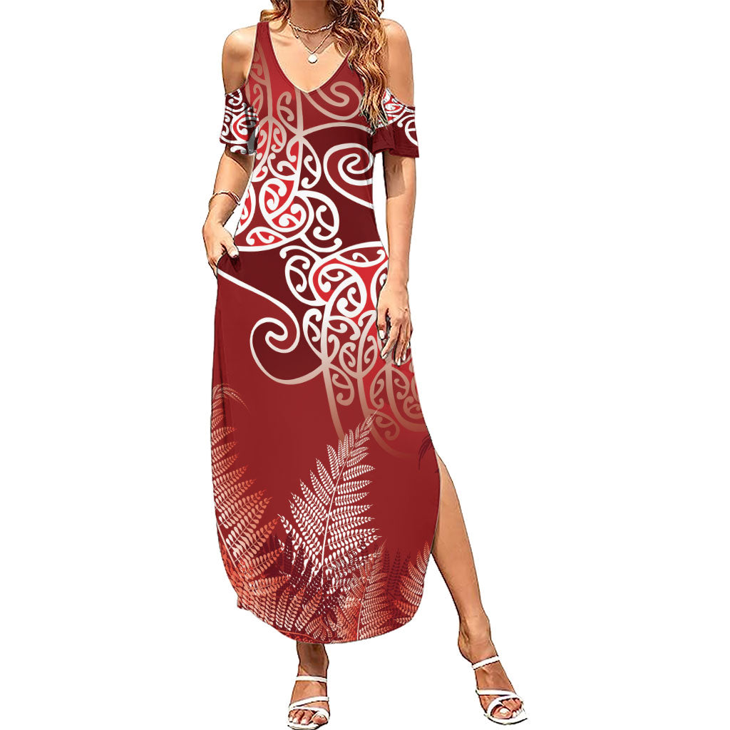Aotearoa Maori Koru Curves Summer Maxi Dress Silver Ferns - Crimson Red LT7 Women Red - Polynesian Pride