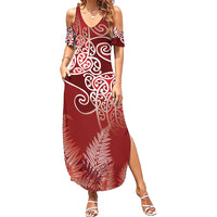 Aotearoa Maori Koru Curves Summer Maxi Dress Silver Ferns - Crimson Red LT7 Women Red - Polynesian Pride