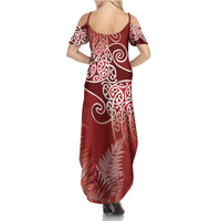 Aotearoa Maori Koru Curves Summer Maxi Dress Silver Ferns - Crimson Red LT7 - Polynesian Pride