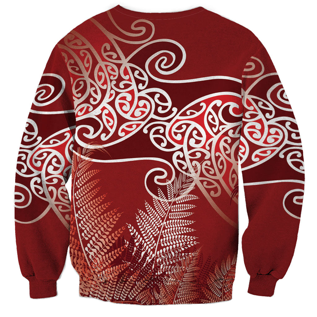 Aotearoa Maori Koru Curves Sweatshirt Silver Ferns - Crimson Red