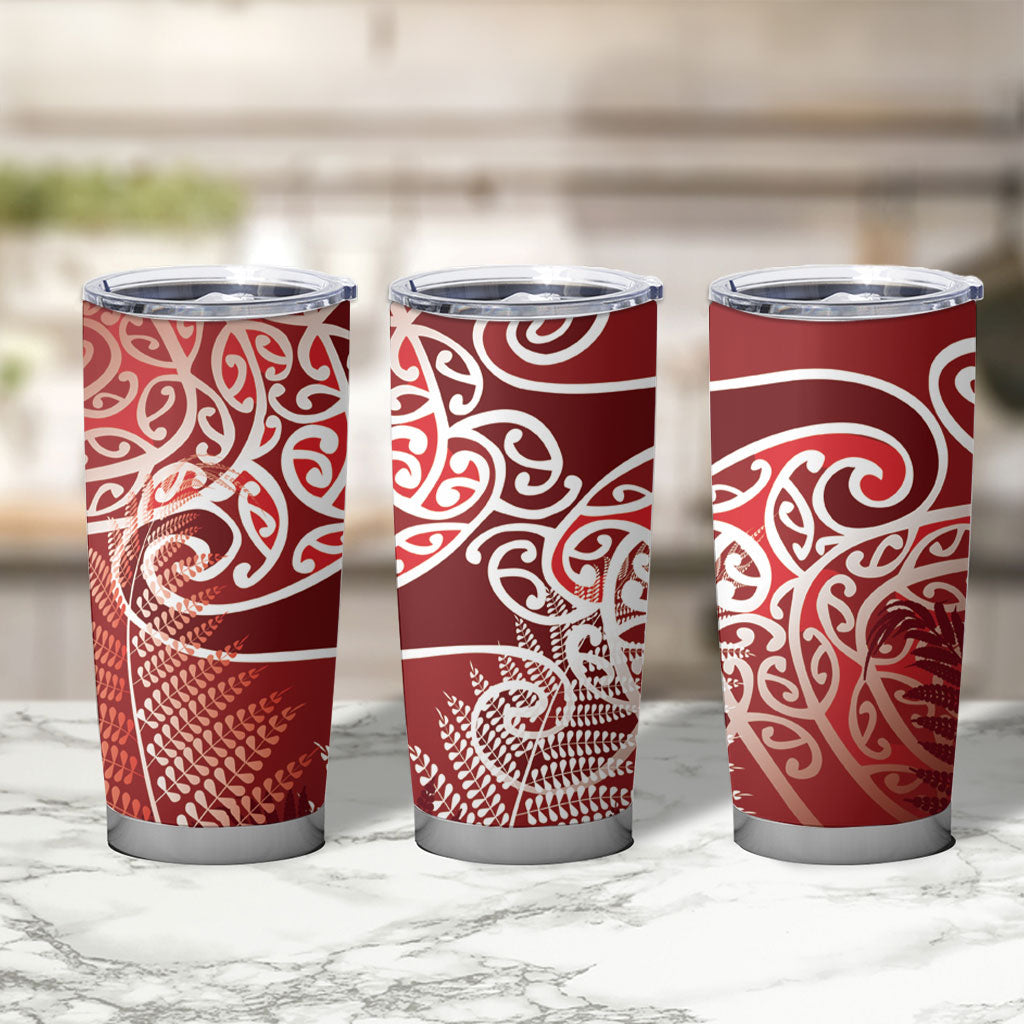 Aotearoa Maori Koru Curves Tumbler Cup Silver Ferns - Crimson Red