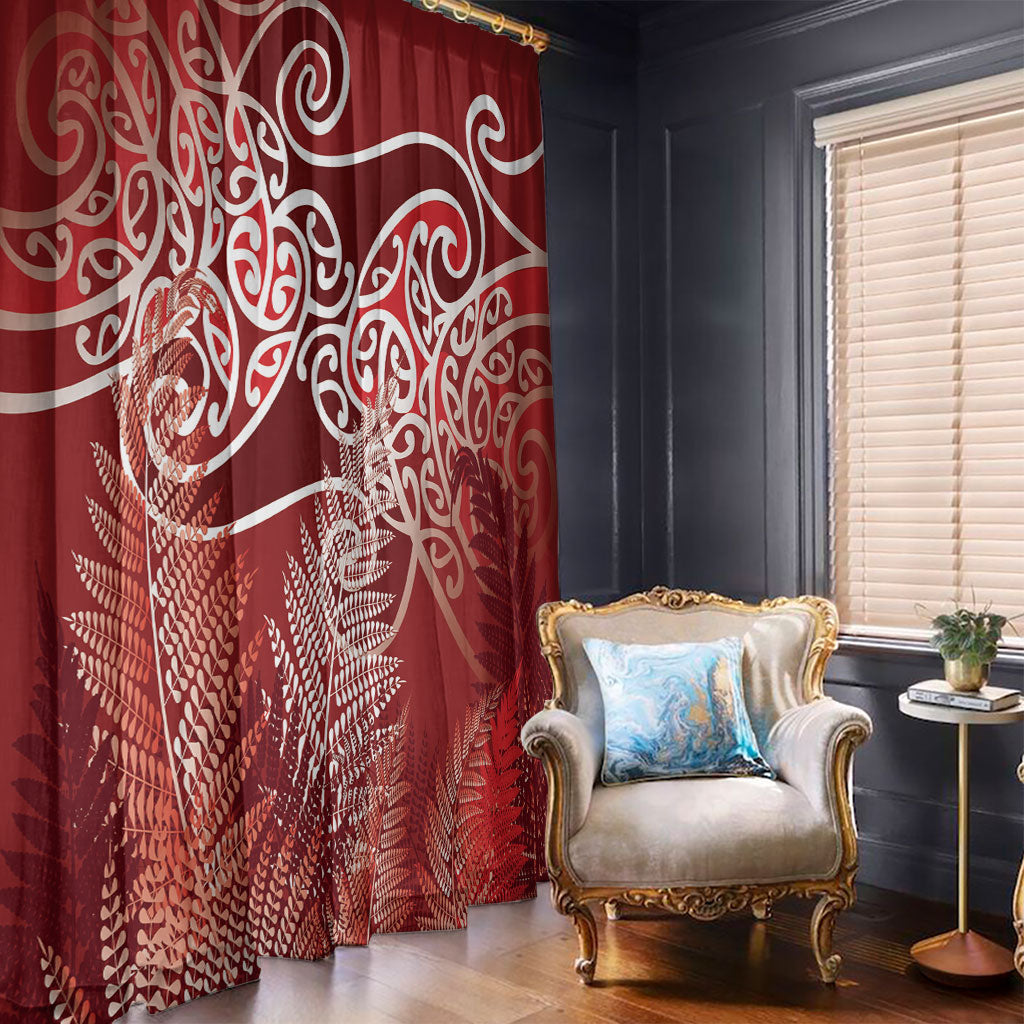 Aotearoa Maori Koru Curves Window Curtain Silver Ferns - Crimson Red