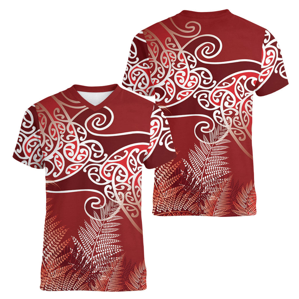 Aotearoa Maori Koru Curves Women V-Neck T-Shirt Silver Ferns - Crimson Red