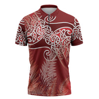 Aotearoa Maori Koru Curves Zipper Polo Shirt Silver Ferns - Crimson Red LT7 Red - Polynesian Pride