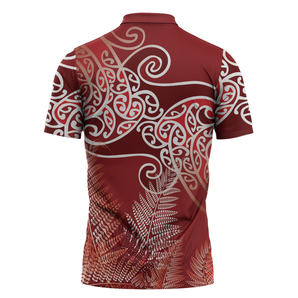Aotearoa Maori Koru Curves Zipper Polo Shirt Silver Ferns - Crimson Red LT7 - Polynesian Pride