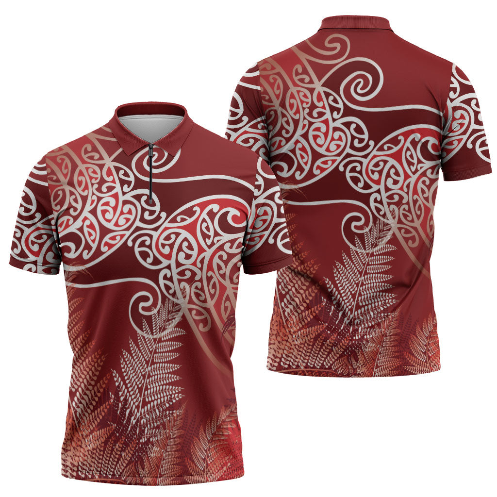 Aotearoa Maori Koru Curves Zipper Polo Shirt Silver Ferns - Crimson Red LT7 - Polynesian Pride
