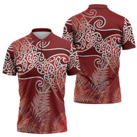 Aotearoa Maori Koru Curves Zipper Polo Shirt Silver Ferns - Crimson Red LT7 - Polynesian Pride