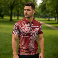 Aotearoa Maori Koru Curves Zipper Polo Shirt Silver Ferns - Crimson Red LT7 - Polynesian Pride