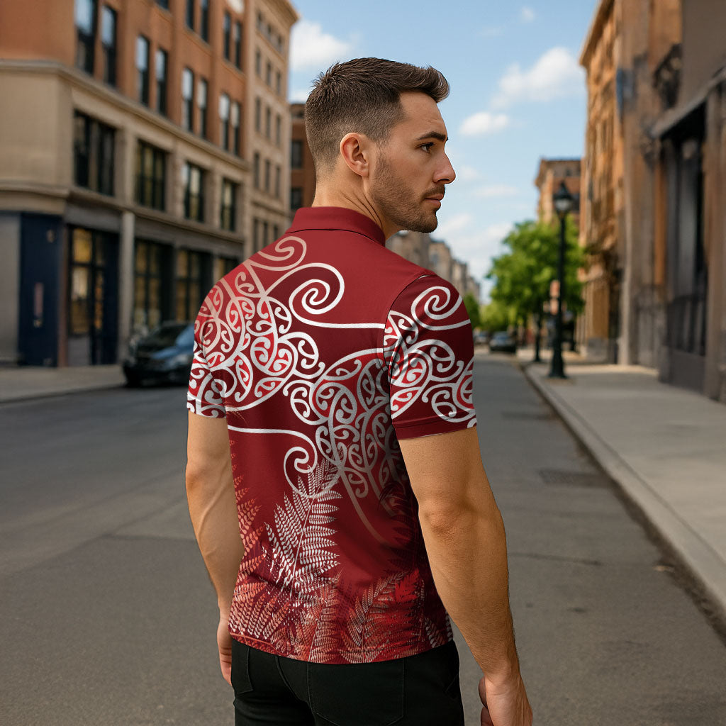Aotearoa Maori Koru Curves Zipper Polo Shirt Silver Ferns - Crimson Red LT7 - Polynesian Pride