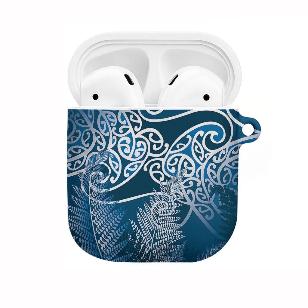Aotearoa Maori Koru Curves AirPods Case Silver Ferns - Navy Blue